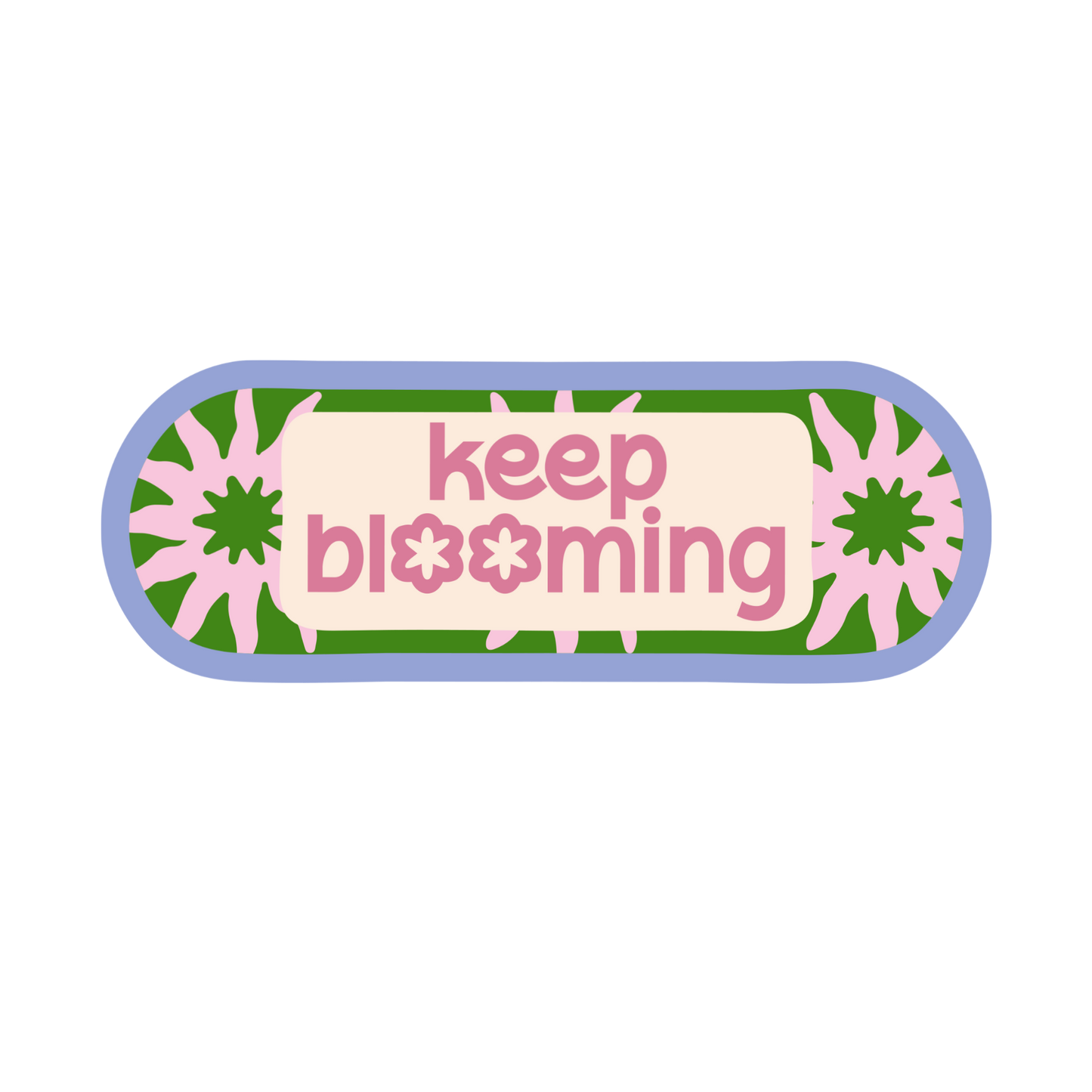 Rectangular patch with 'keep blooming' text and floral designs on a white background
