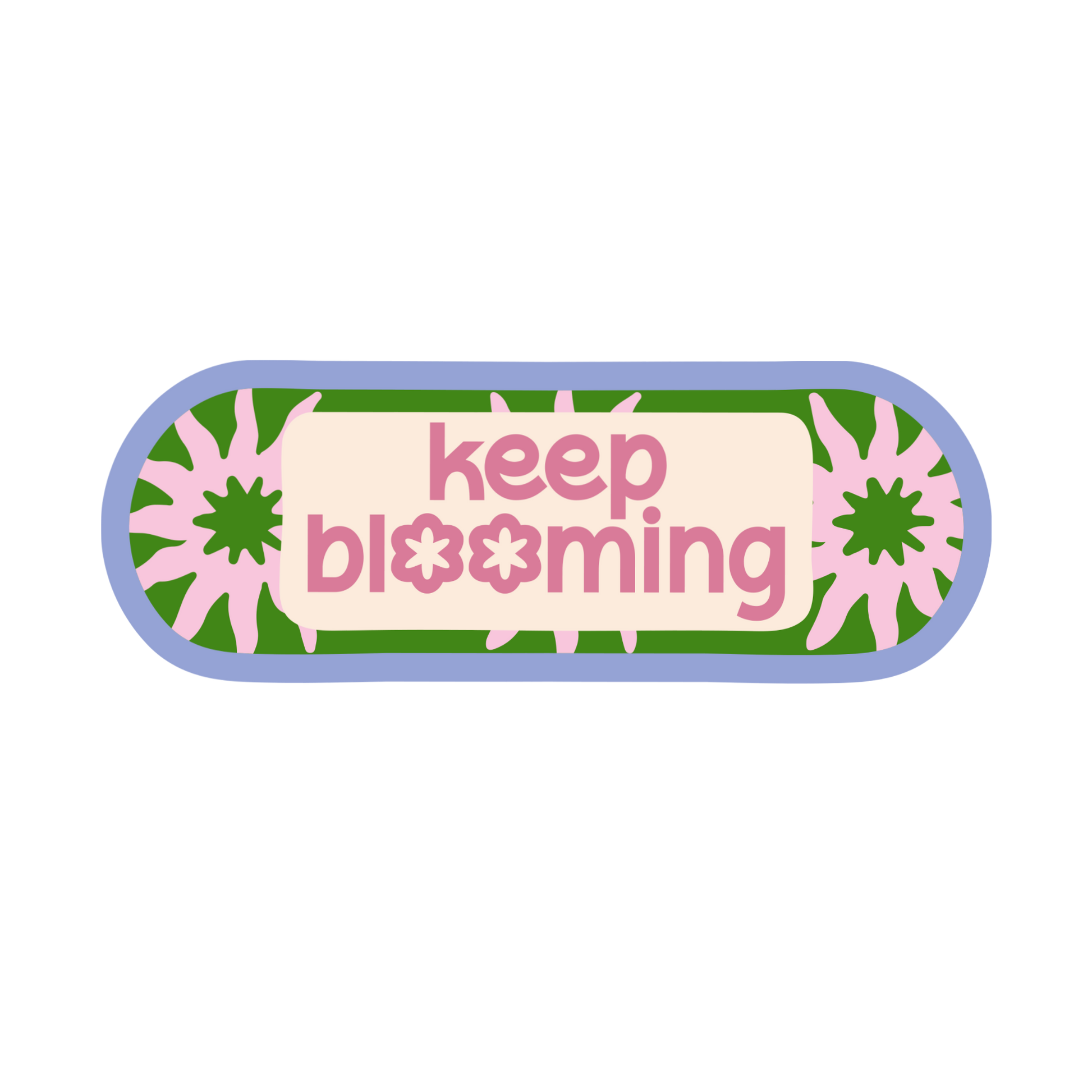 Rectangular patch with 'keep blooming' text and floral designs on a white background