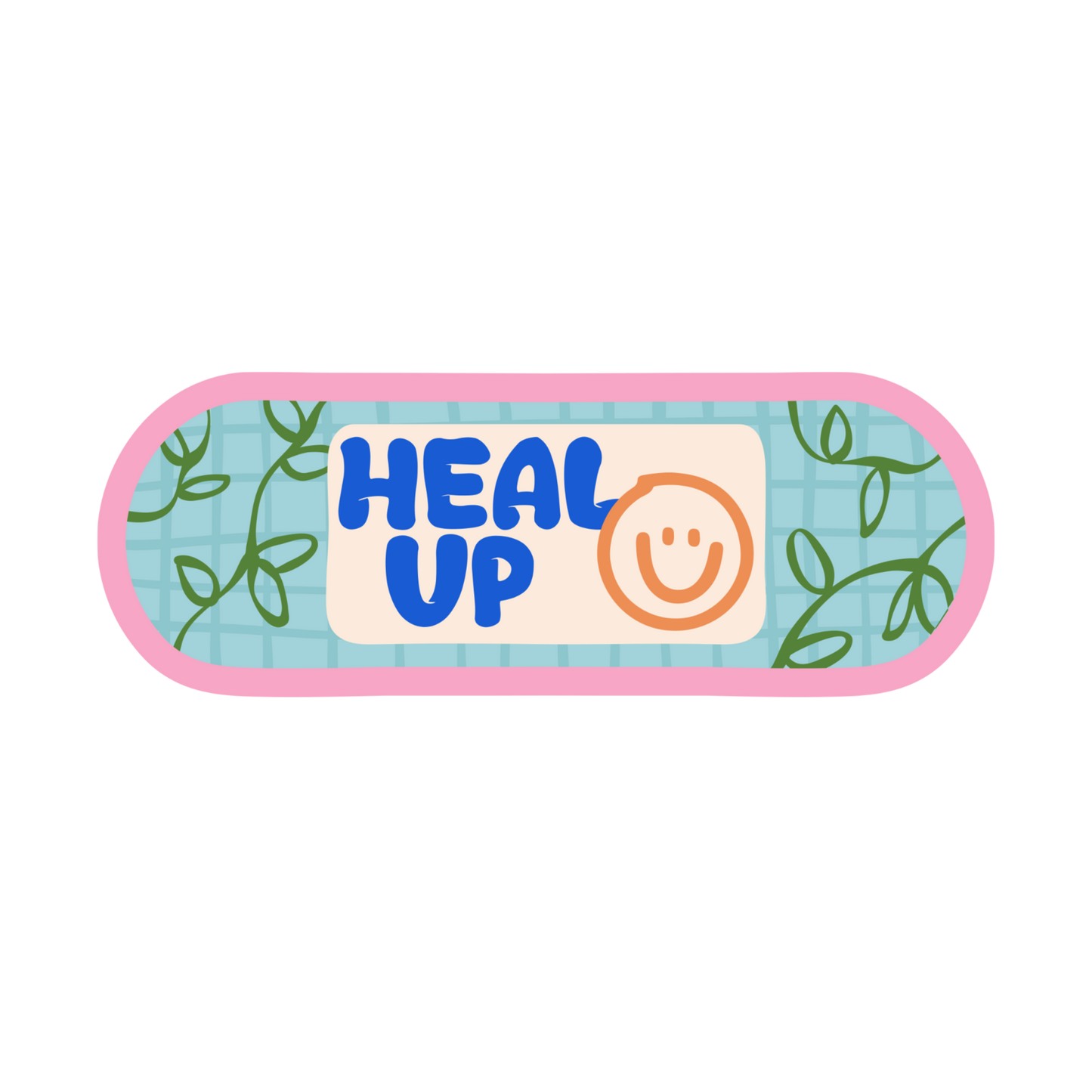 Bandaid with 'HEAL UP' text and smiley face on a white background