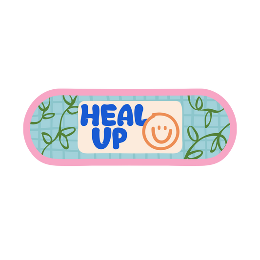 Bandaid with 'HEAL UP' text and smiley face on a white background