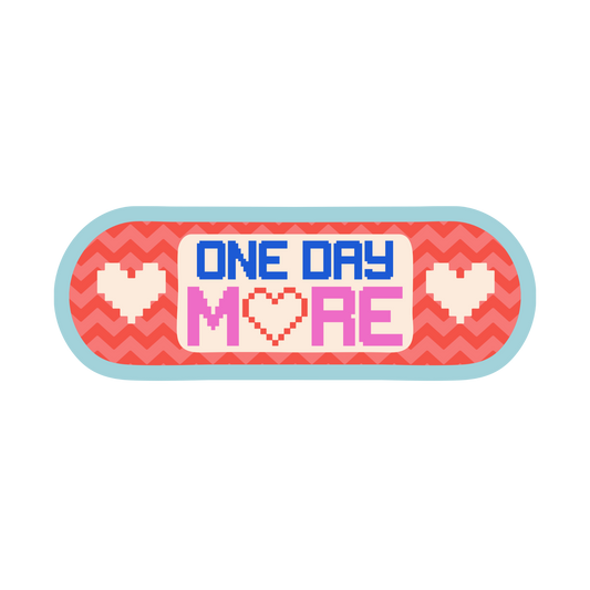 Red bandaid with 'ONE DAY MORE' text and hearts on a white background