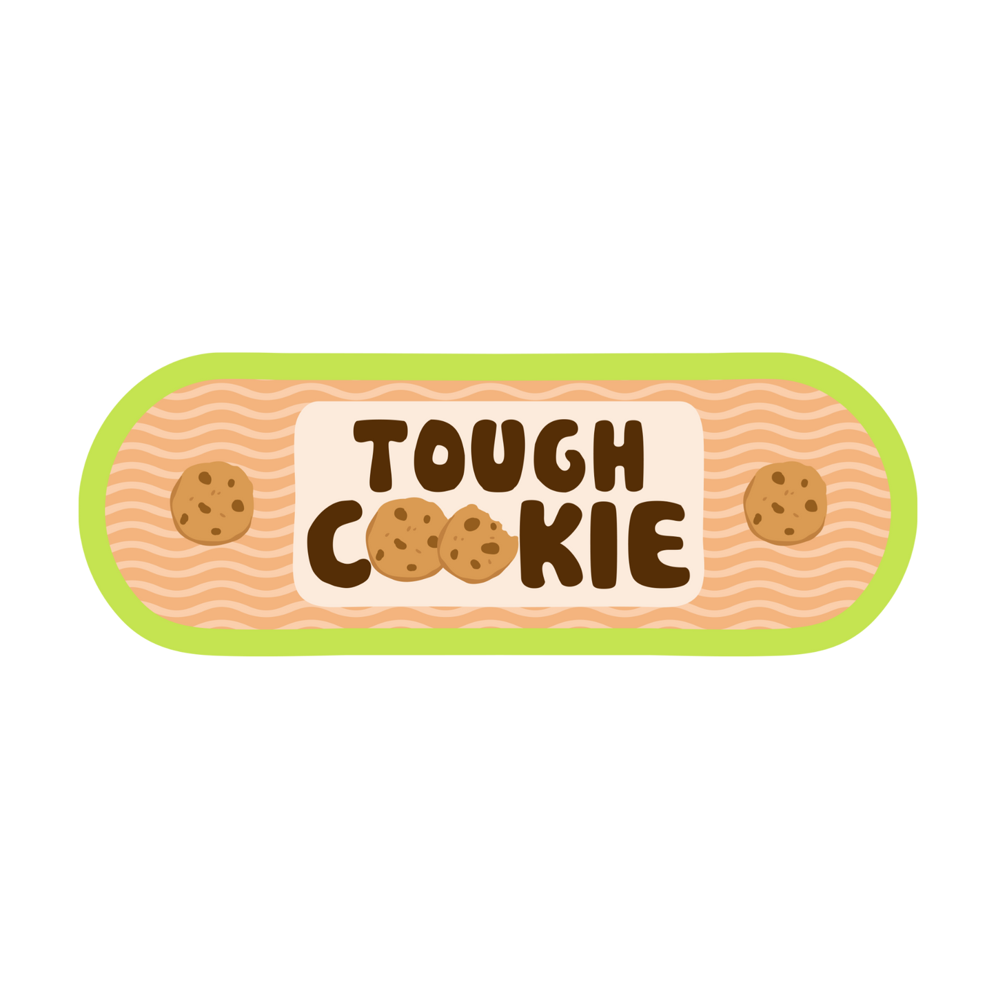 Bandage-shaped sticker with 'Tough Cookie' text and cookie graphics on a white background