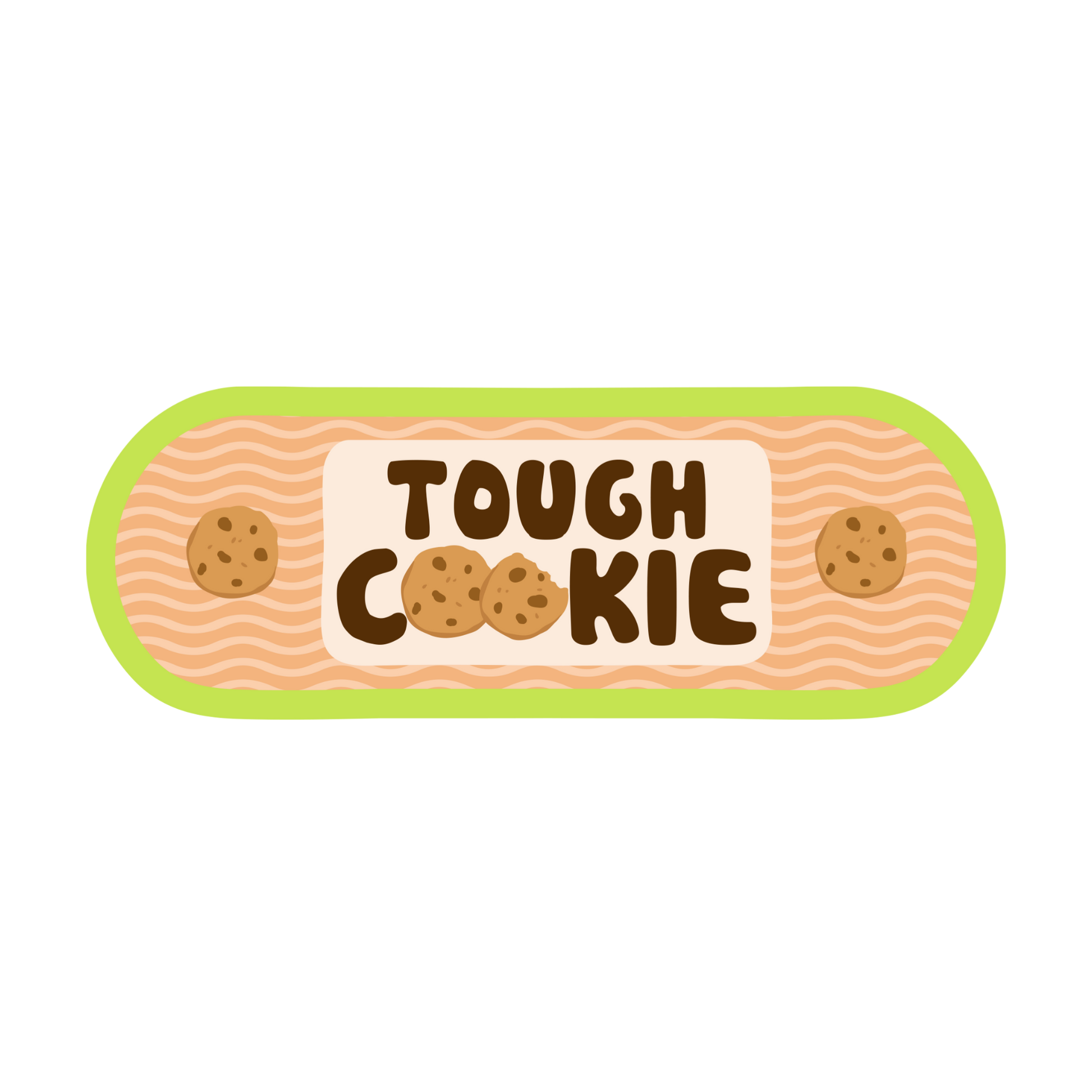 Bandage-shaped sticker with 'Tough Cookie' text and cookie graphics on a white background