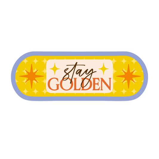 Rectangular patch with 'stay GOLDEN' text and star designs on a yellow background