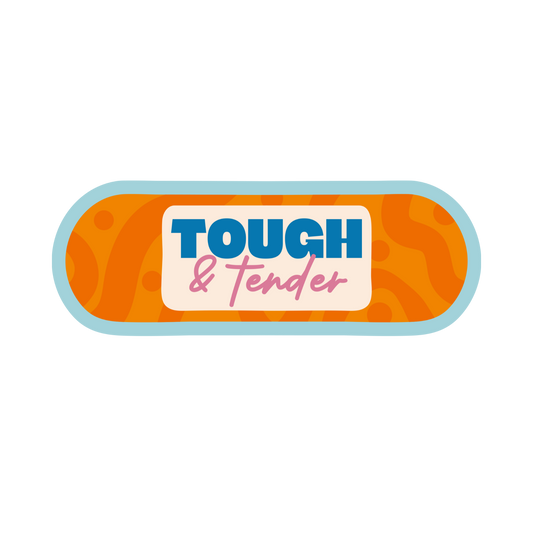 Illustration of a bandaid with 'Tough & Tender' text on a white background