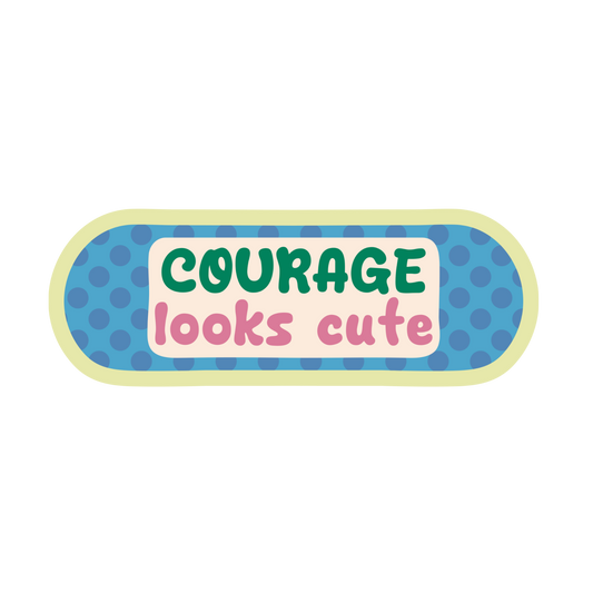 Patch with 'COURAGE looks cute' text on a blue and green background