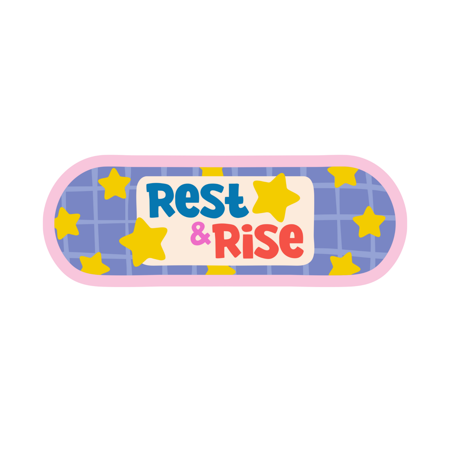 Rectangular patch with 'Rest & Rise' text and yellow stars on a blue checkered background