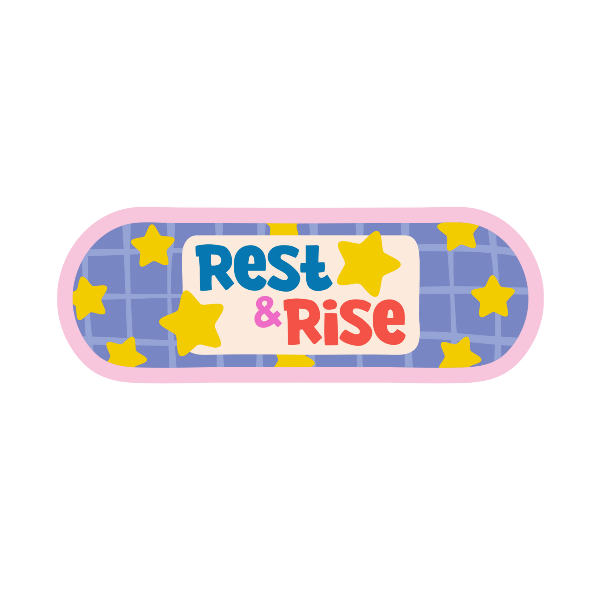 Rectangular patch with 'Rest & Rise' text and yellow stars on a blue checkered background