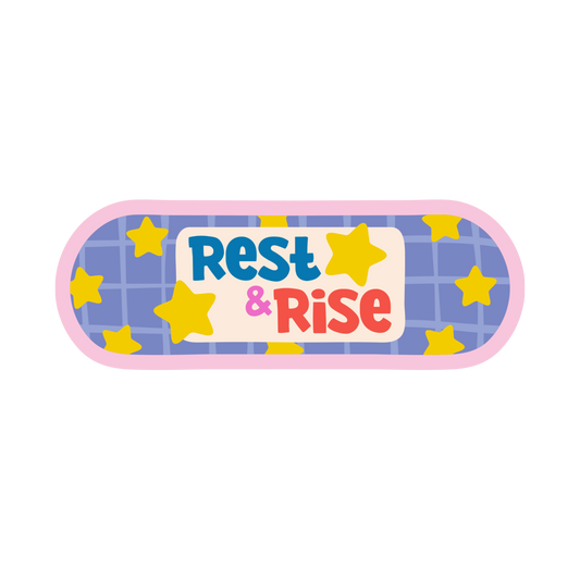 Rectangular patch with 'Rest & Rise' text and yellow stars on a blue checkered background