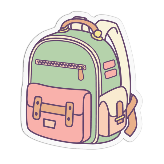 A die-cut sticker featuring a retro-style backpack illustration in pastel colors, including sage green, pink, cream, and tan, with a white border.