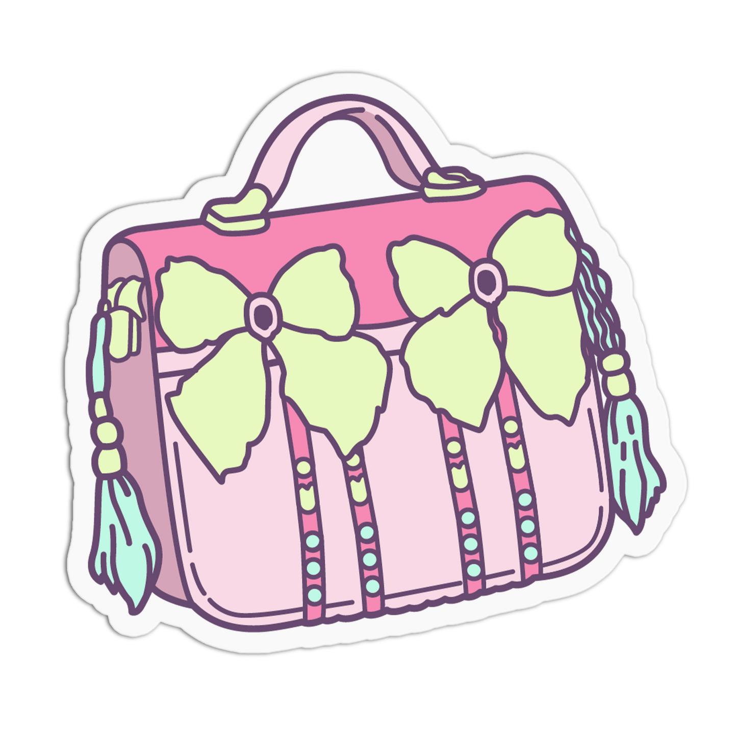 A stylized illustrated pink handbag sticker or decal with two large pale green bows, tassel details, and a white outline on a black background.