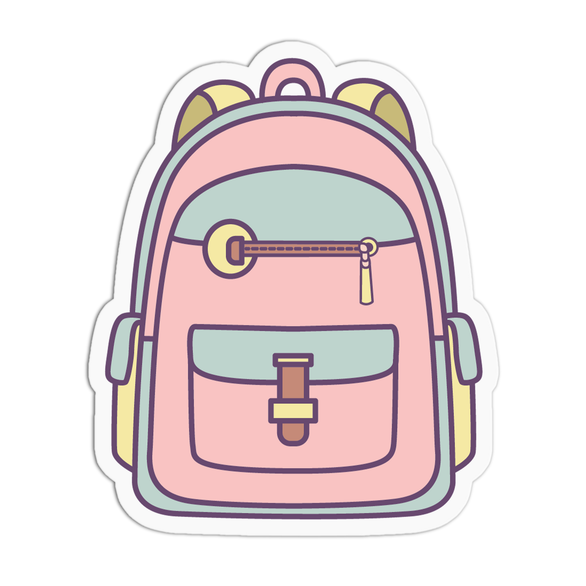 A die-cut sticker featuring a cute, minimalist cartoon illustration of a pink backpack with pastel accents, shown on a plain white background.