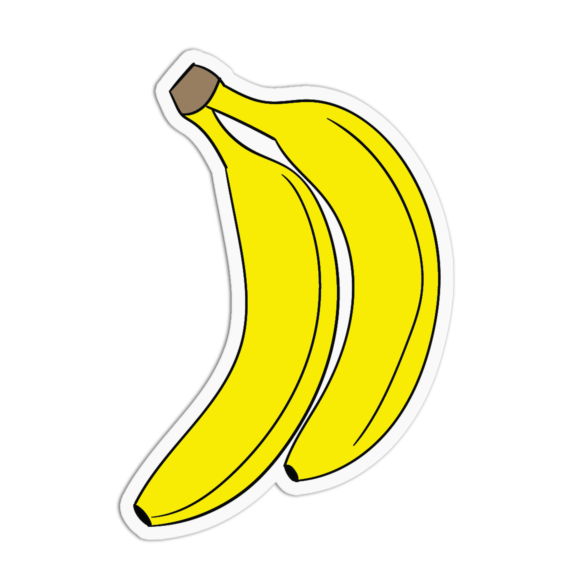 Two yellow bananas with a brown stem on a white background