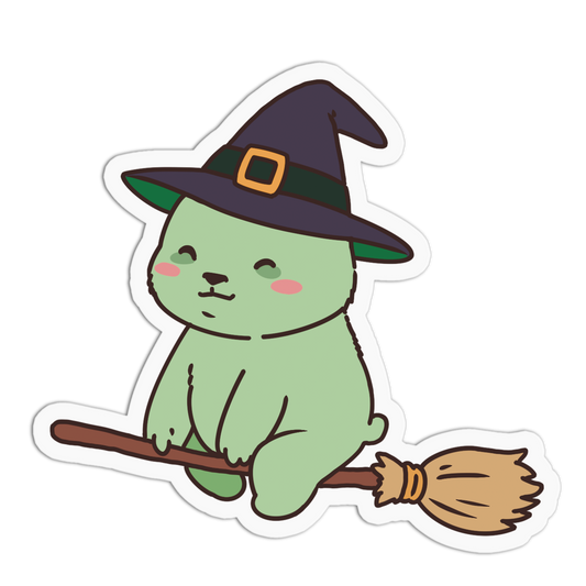 Green Witch Broom Bears Halloween Party Sticker