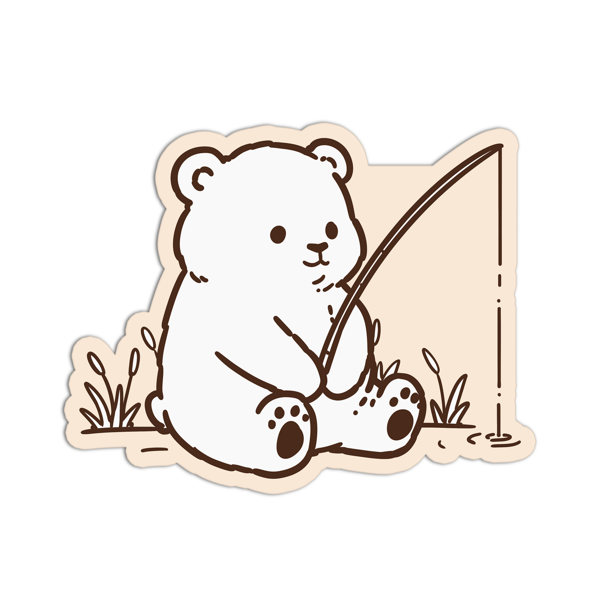 Illustration of a bear holding a fishing rod on a beige background