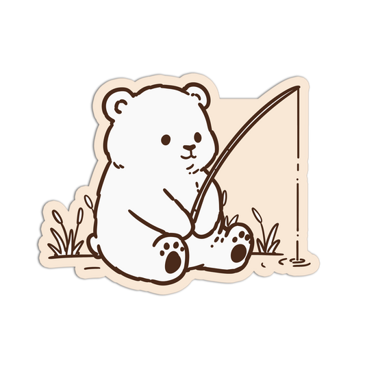 Illustration of a bear holding a fishing rod on a beige background