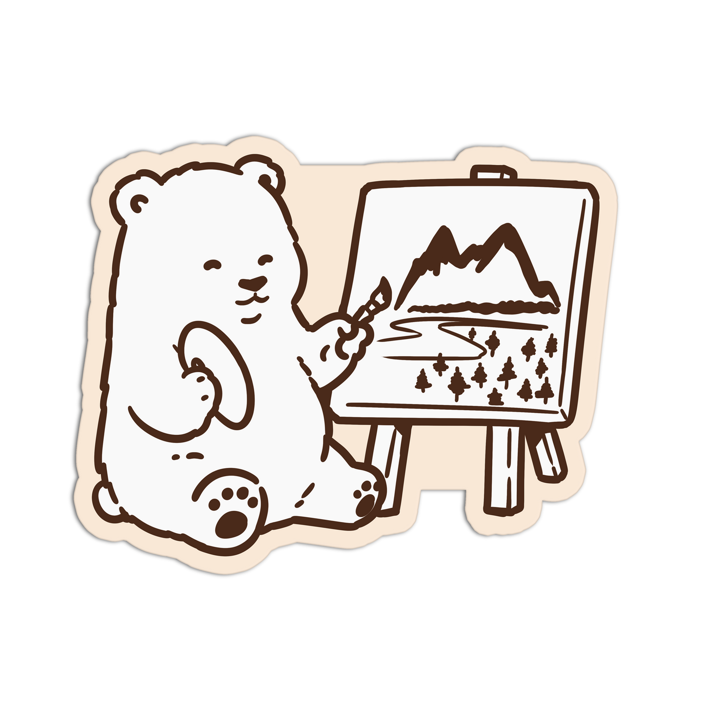 Illustration of a bear painting a mountain scene on an easel.