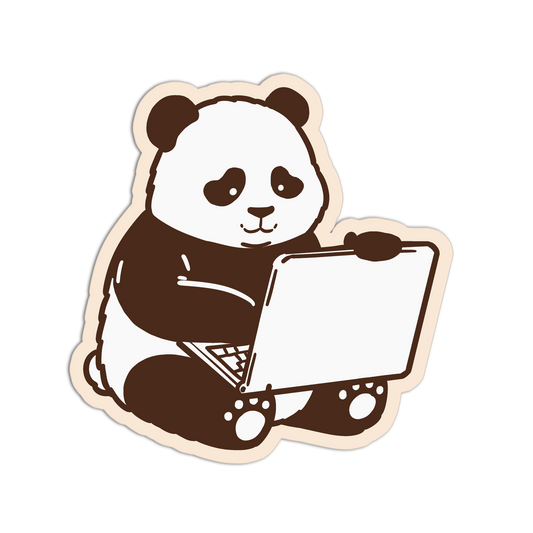 Sticker of a panda holding a laptop on a white background