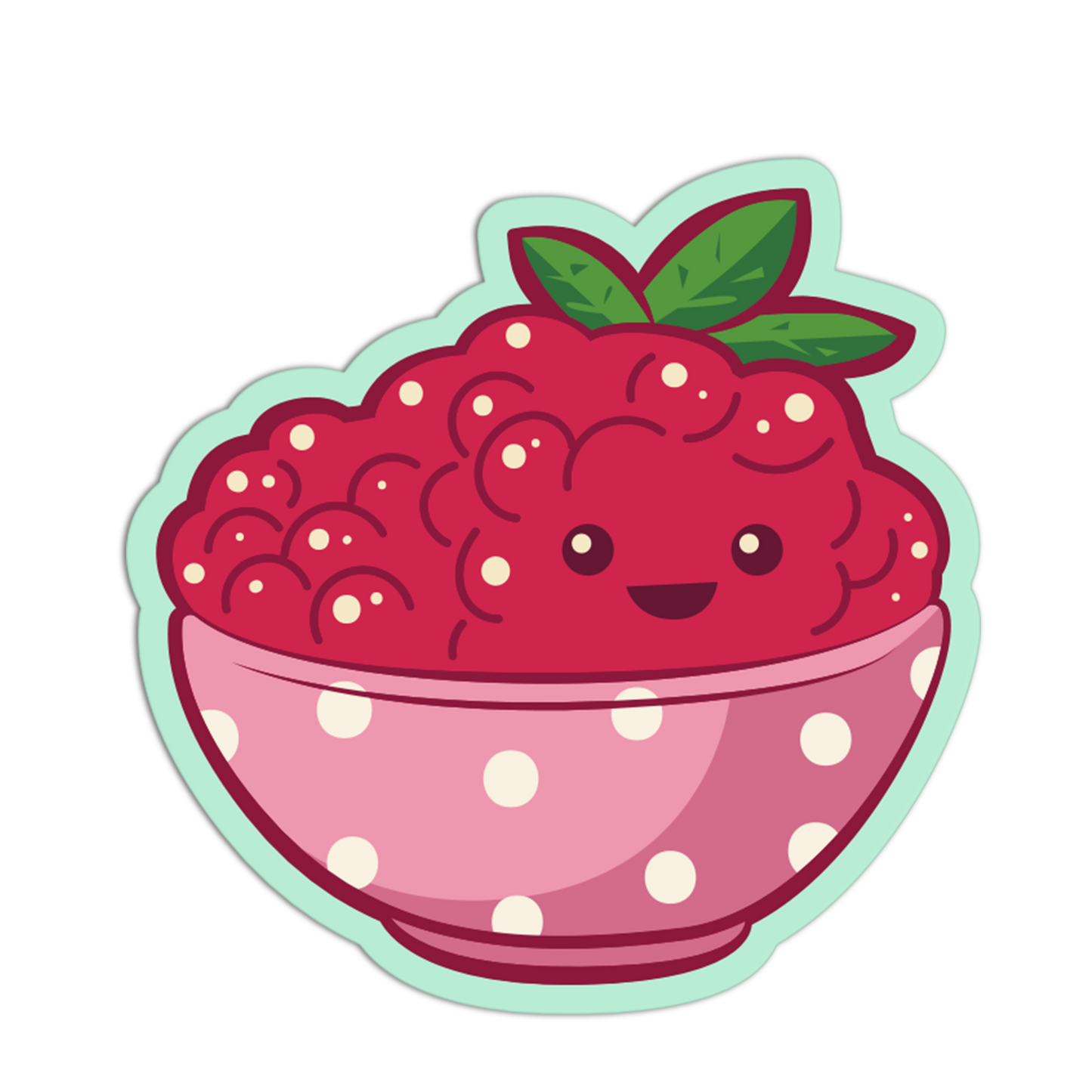 Cartoon raspberry in a polka dot bowl with a happy face on a white background