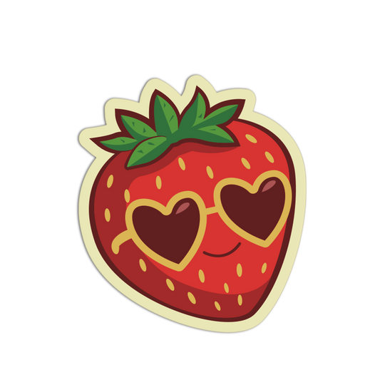 Strawberry with heart-shaped eyes on a white background