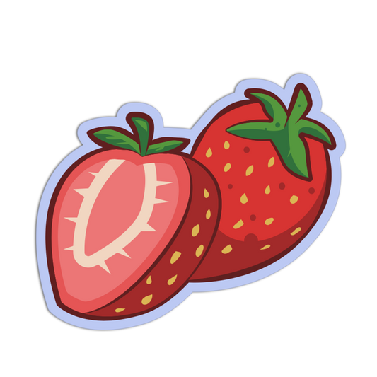 Cartoon-style strawberry with a cut half on a white background