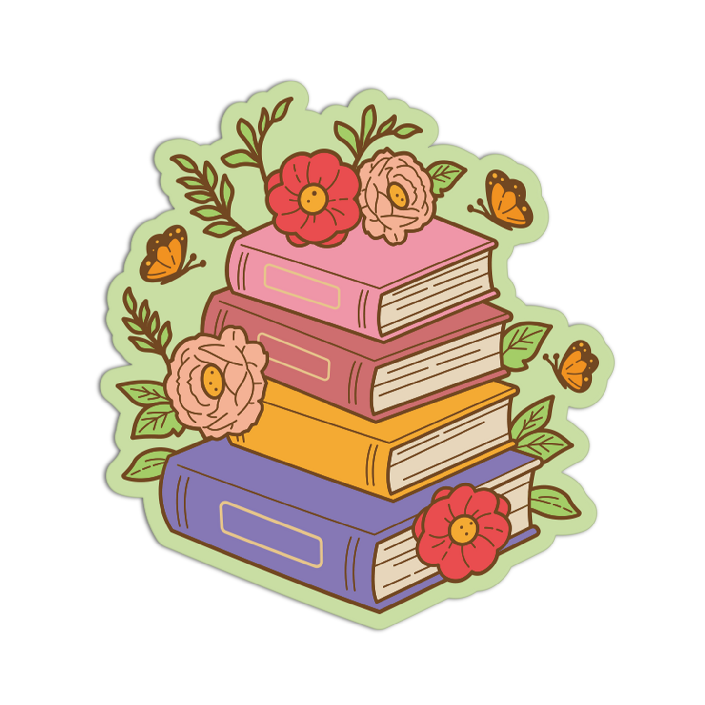A die-cut sticker featuring an illustration of a stack of four books in pink, red, yellow, and purple, decorated with red flowers, peach blossoms, green leaves, and small orange butterflies on a light green background.
