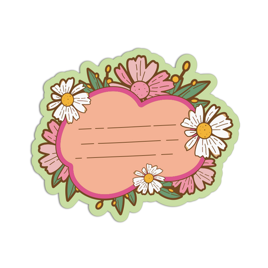 A scalloped decorative label or sticker design featuring a peach center with lined writing space, surrounded by pink flowers, white daisies, green leaves, and a light green border on a white background.