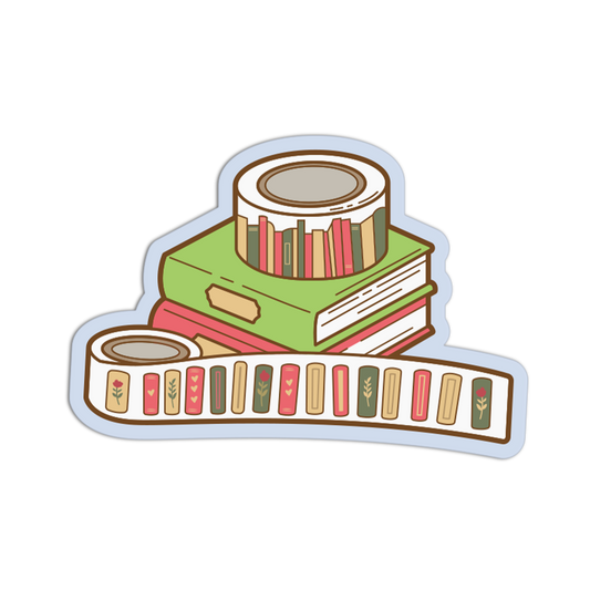 A die-cut sticker featuring an illustration of stacked books with a roll of decorative tape unspooled across the front. The tape has vertical book spine patterns in muted red, green, beige, and brown tones, shown on a plain white background.