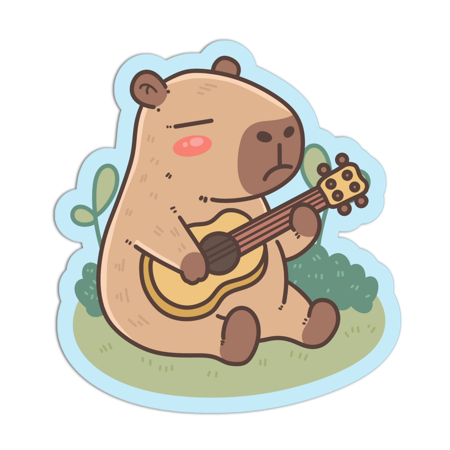 A cartoon die-cut sticker of a capybara playing a guitar, shown on a plain white background.