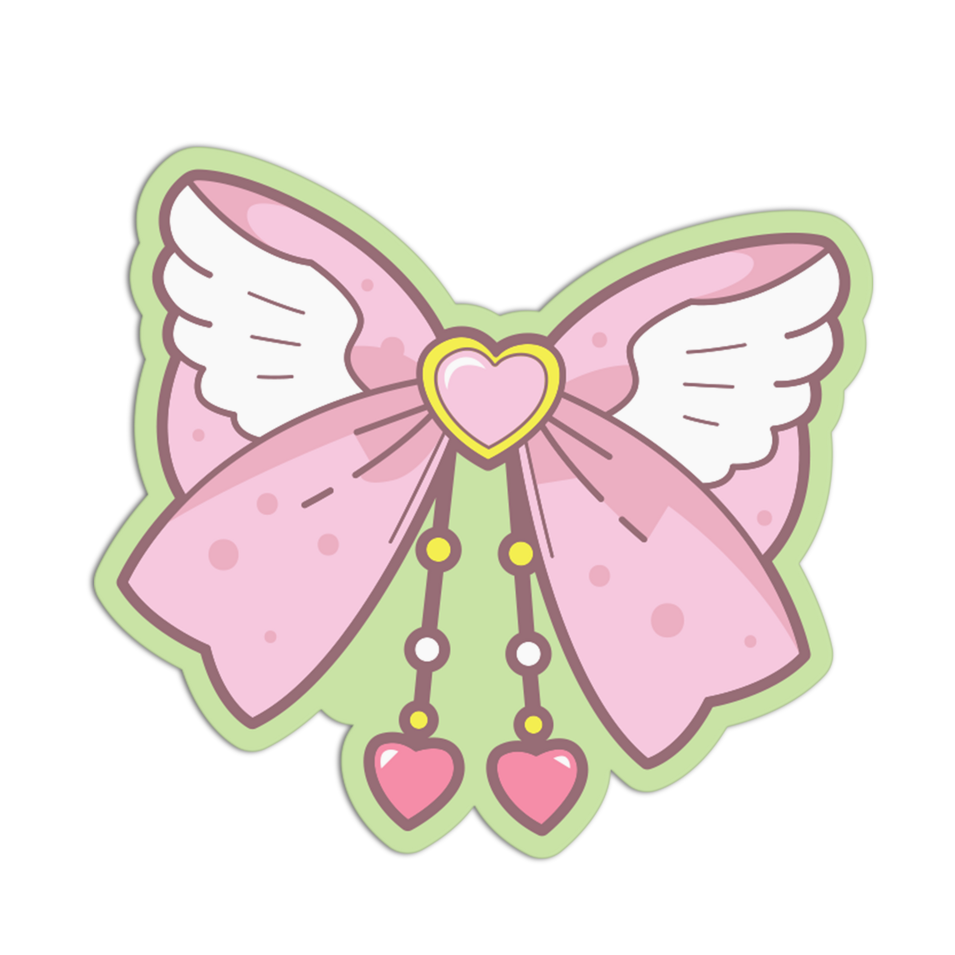 Cartoon butterfly with pink bow and heart-shaped decorations on a white background