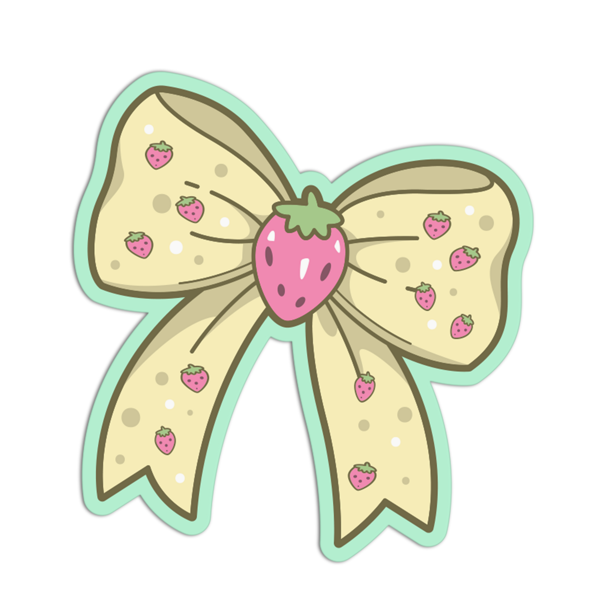 Bow-shaped sticker with strawberry design on a white background