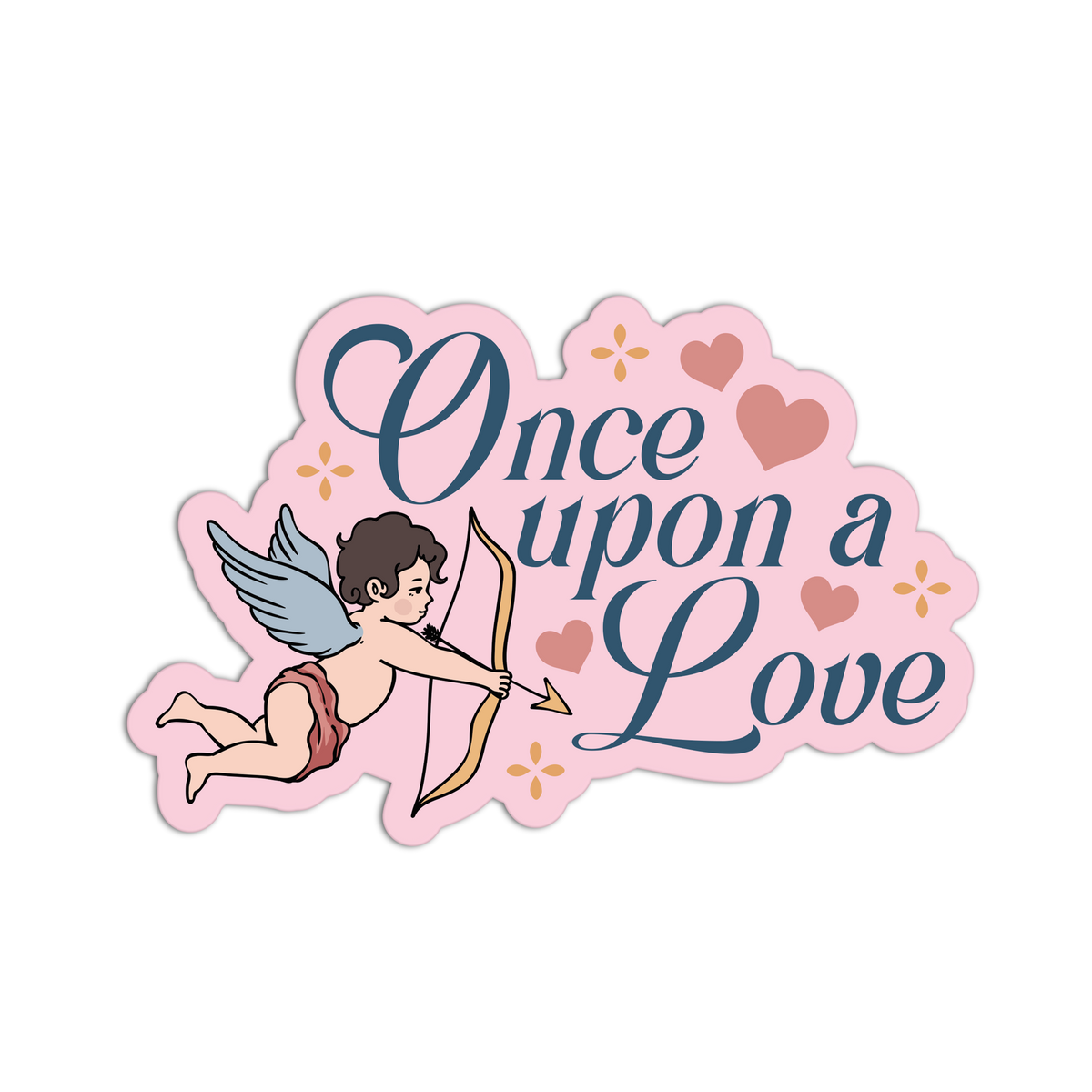 A die-cut sticker featuring the phrase 'Once upon a Love' in dark blue script, surrounded by pink hearts, small orange flowers, and an illustration of Cupid with a bow and arrow, all on a light pink cloud-shaped background.