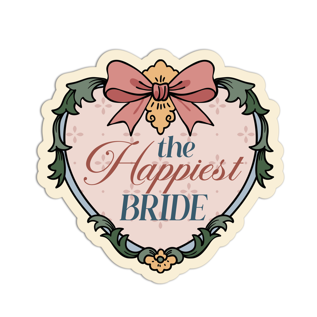 A die-cut heart-shaped sticker with the text 'the Happiest BRIDE' in decorative lettering, framed by a floral border and topped with a pink bow, shown on a plain white background.