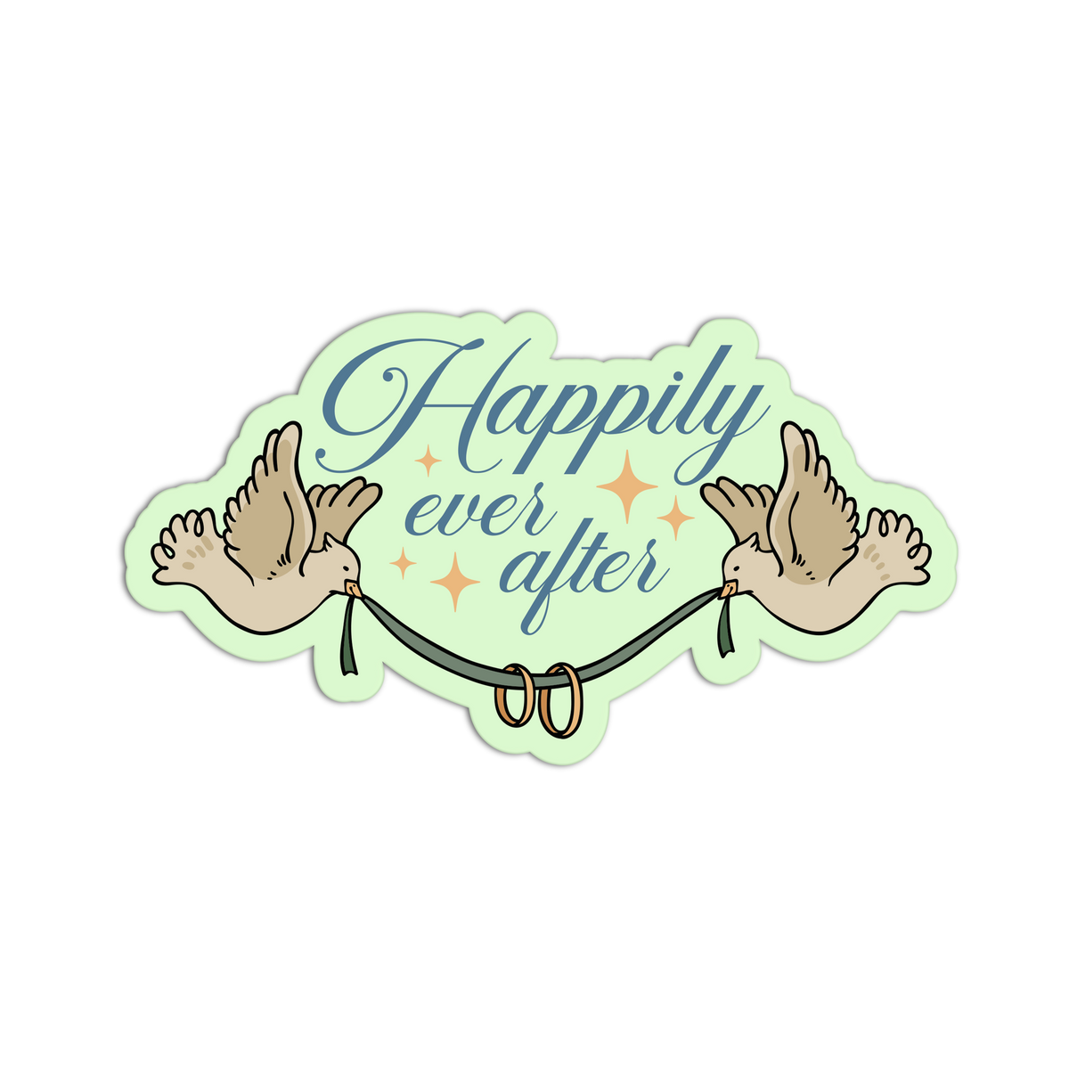 A die-cut sticker featuring the phrase 'Happily ever after' in blue script, flanked by two doves facing each other with a rope around their legs and gold rings, on a pale green background with small gold stars.