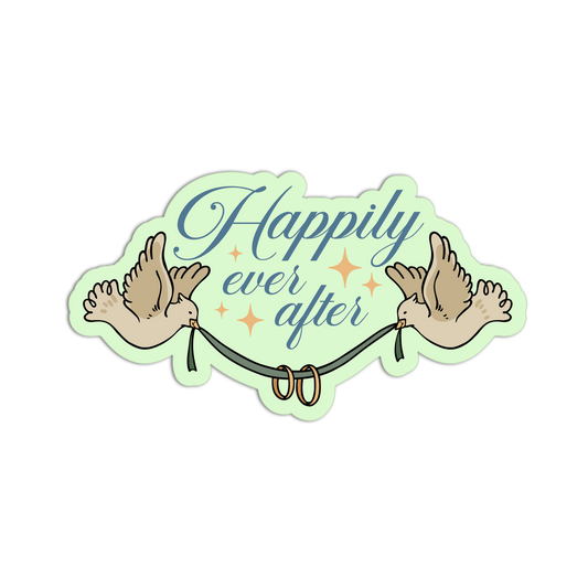 A die-cut sticker featuring the phrase 'Happily ever after' in blue script, flanked by two doves facing each other with a rope around their legs and gold rings, on a pale green background with small gold stars.