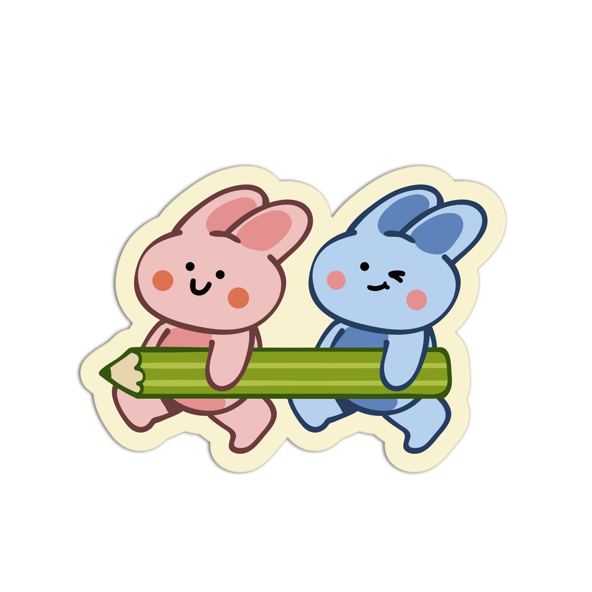 A cartoon die-cut sticker showing two cute rabbits pushing a large green pencil. One rabbit is pink with pink ears and cheeks, and the other is blue with blue ears and cheeks.