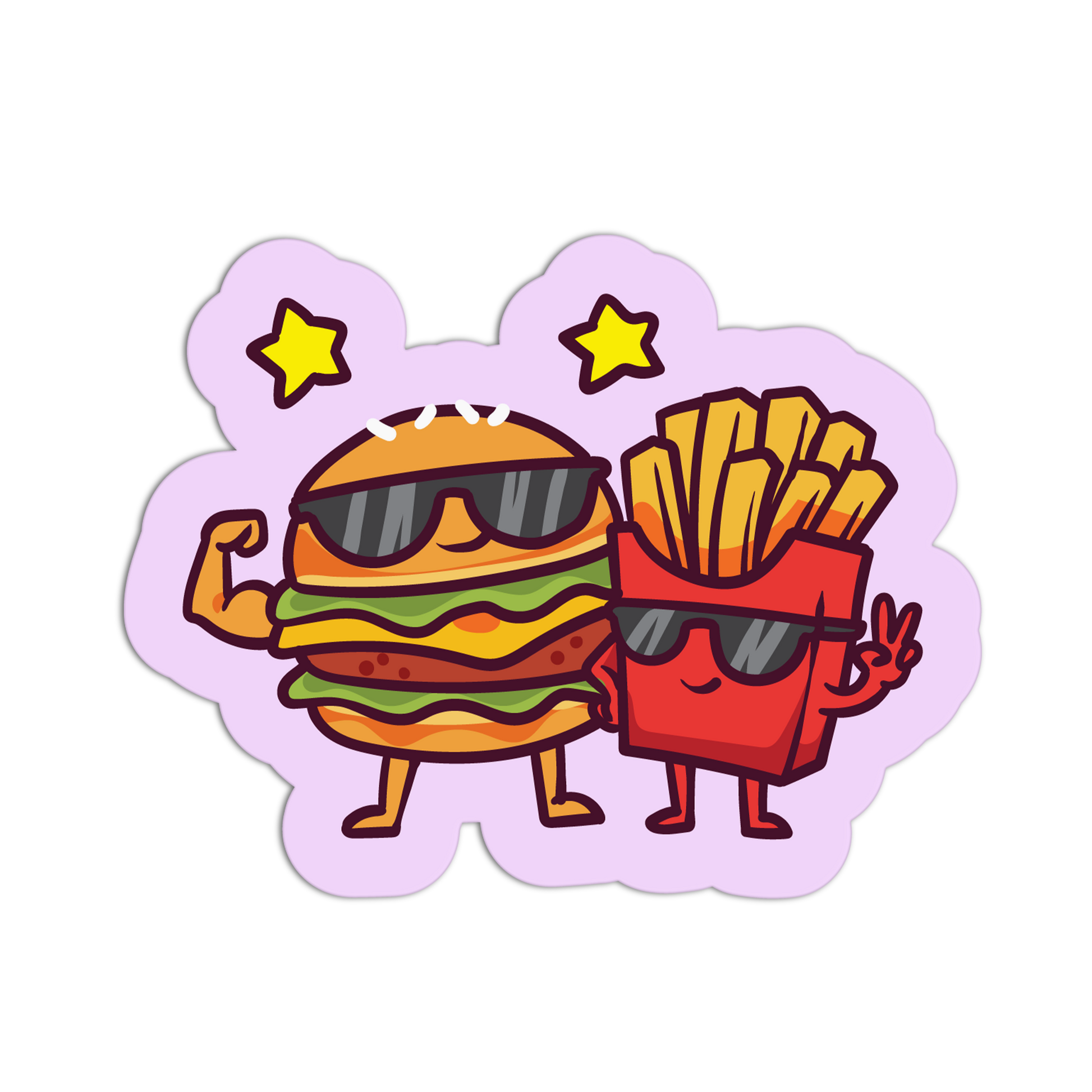 Cartoon hamburger and fries with sunglasses on a purple background