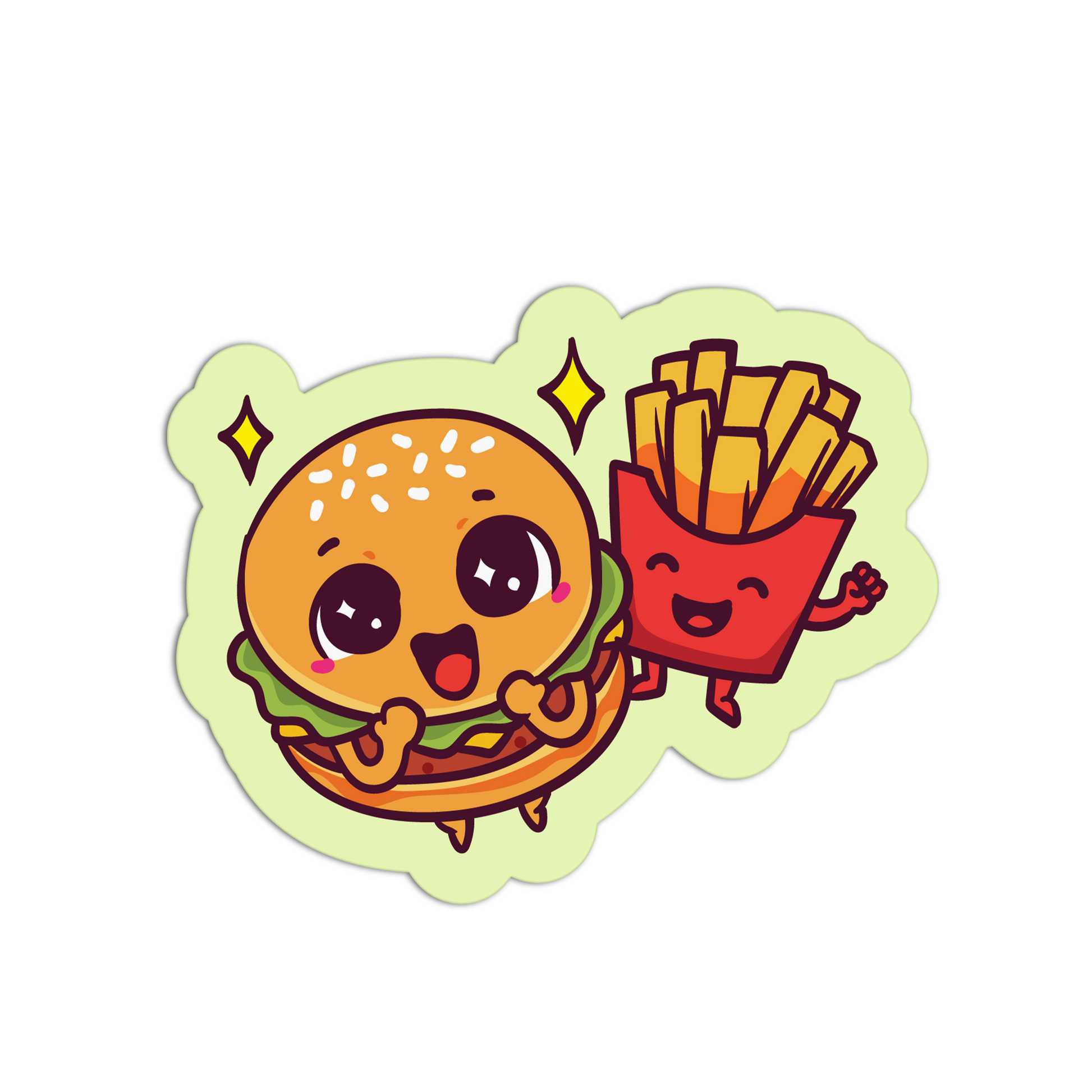 Cartoon hamburger and fries with a happy expression on a light green background