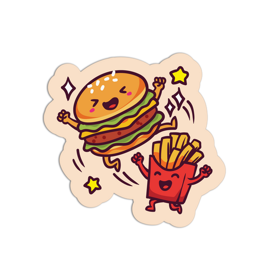 Cartoon hamburger and fries sticker on a white background