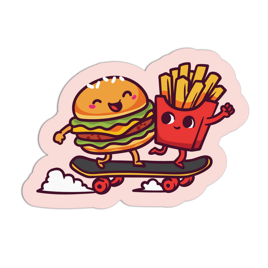 Cartoon hamburger and fries on a skateboard with a pink border