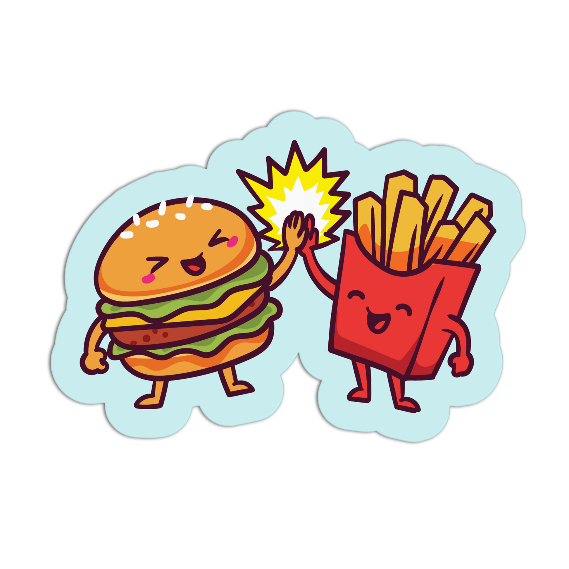 Cartoon hamburger and fries with a light blue background