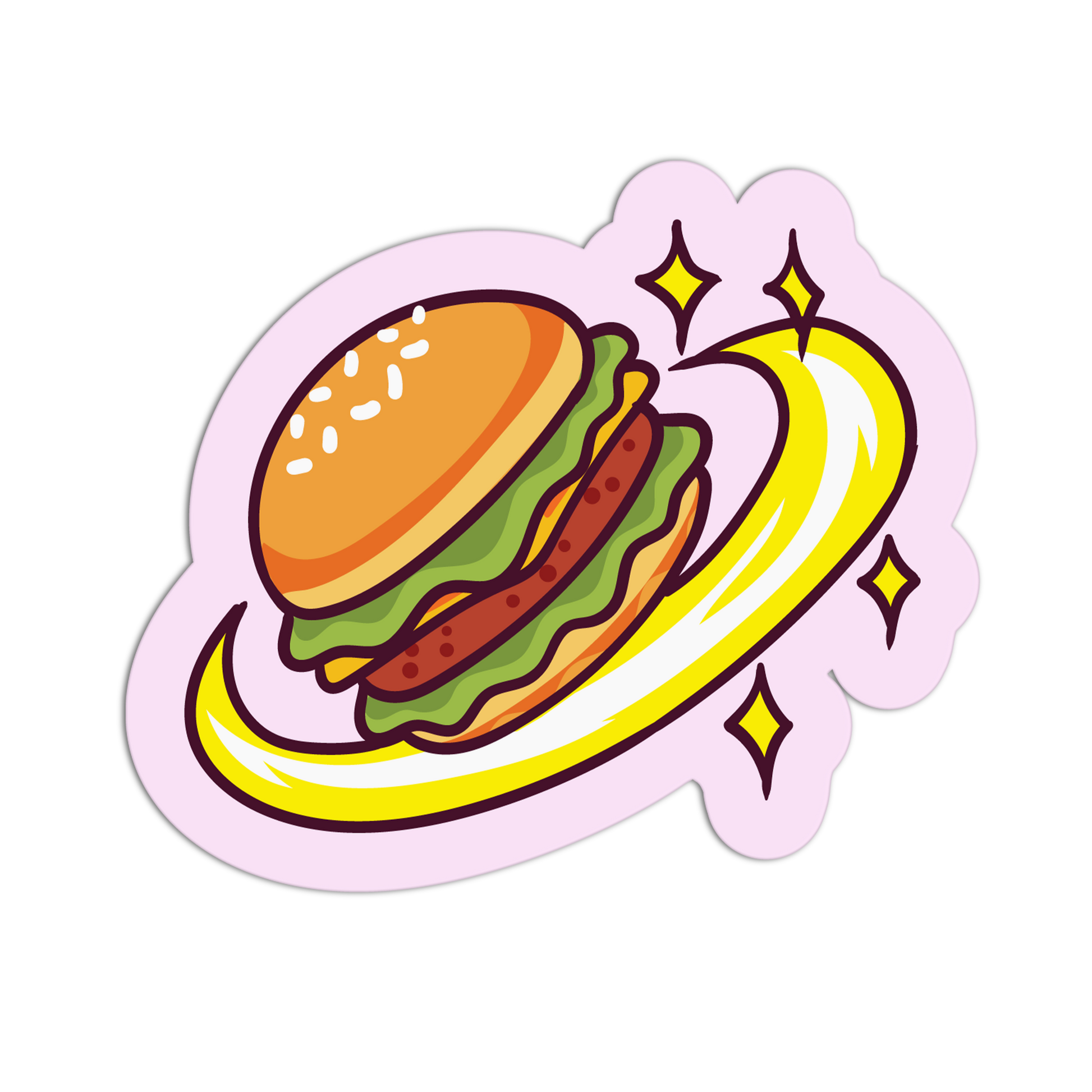 Sticker of a hamburger with a banana on a white background