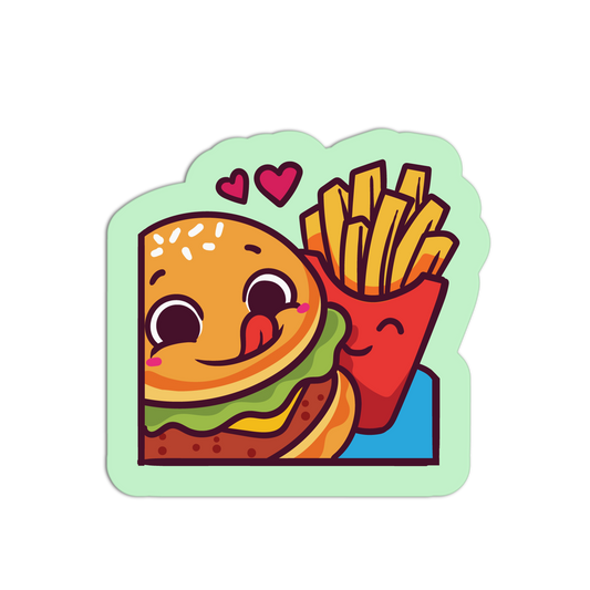 Cartoon-style sticker of a burger and fries with hearts on a light green background