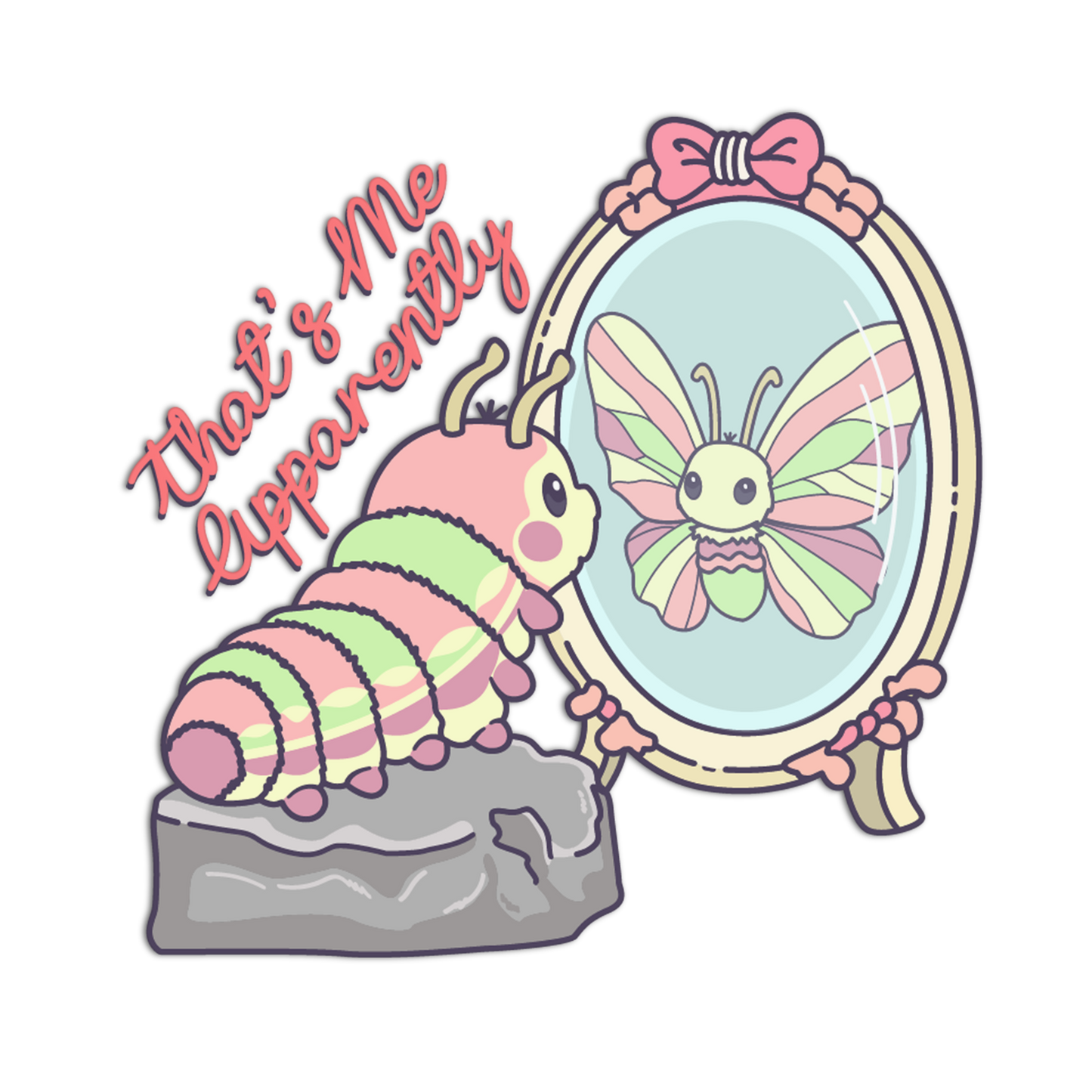 Cartoon caterpillar looking at itself in a mirror with a butterfly reflection on a white background.