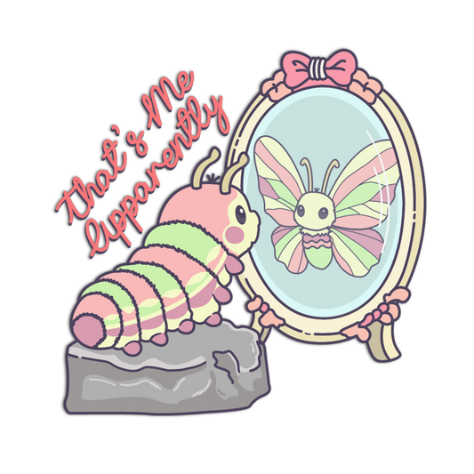 Cartoon caterpillar looking at itself in a mirror with a butterfly reflection on a white background.