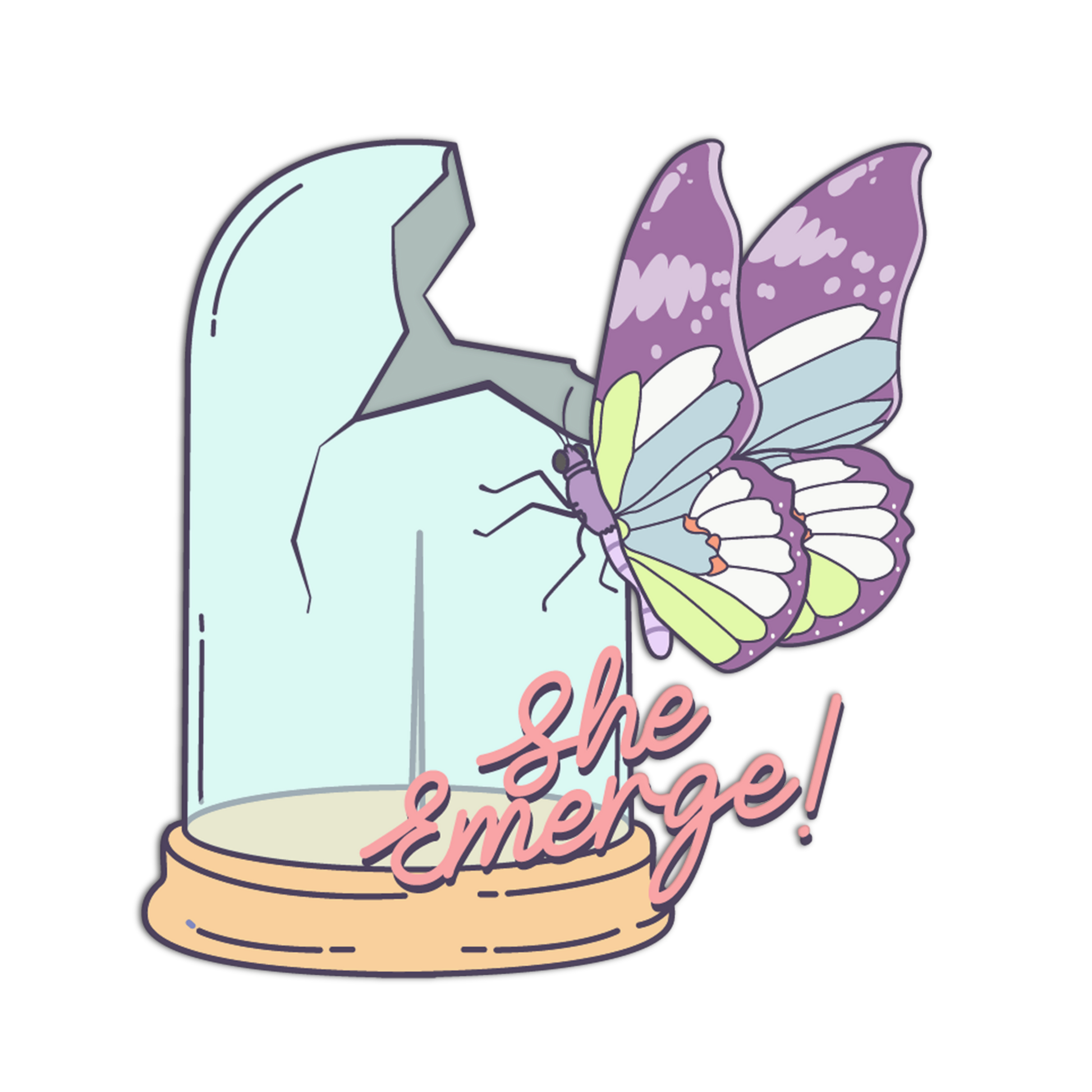Butterfly emerging from a glass dome with 'She Emerge!' text on a white background