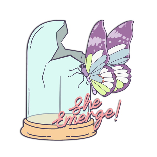 Butterfly emerging from a glass dome with 'She Emerge!' text on a white background