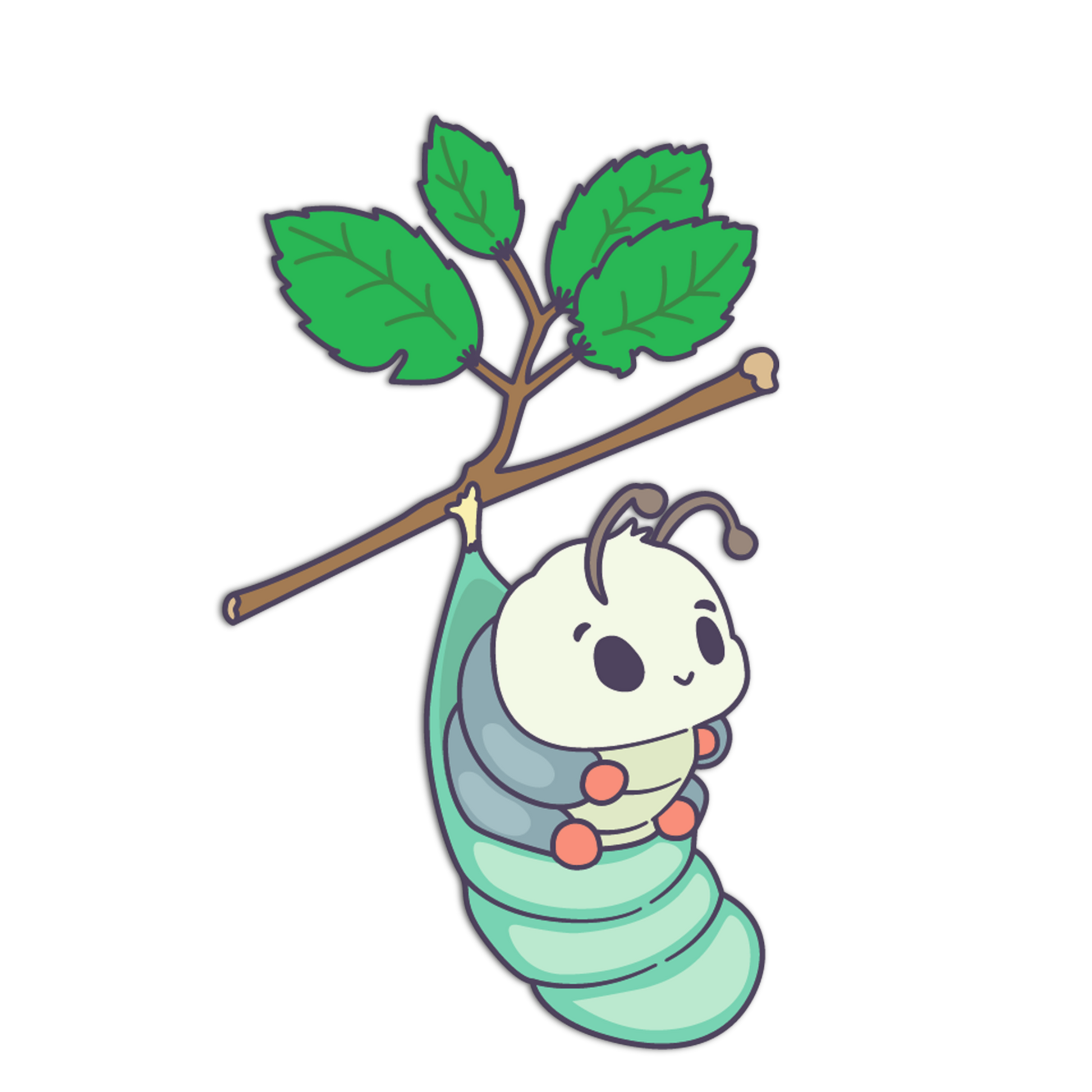 Cartoon caterpillar on a branch with green leaves on a white background