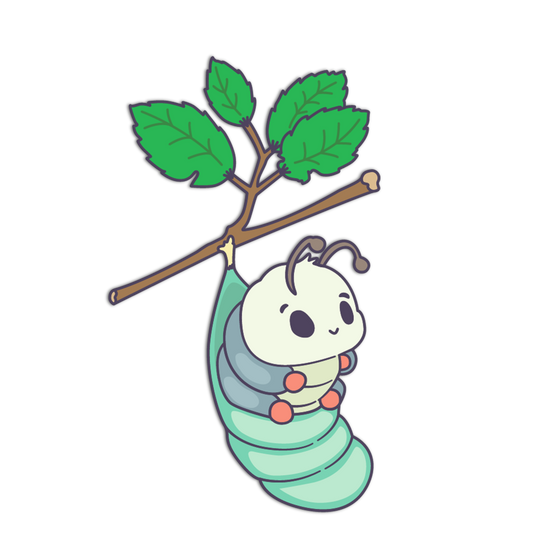 Cartoon caterpillar on a branch with green leaves on a white background
