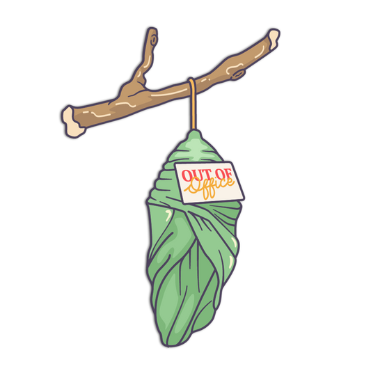 Green leaf with 'Out of Office' sign hanging from a branch on a white background